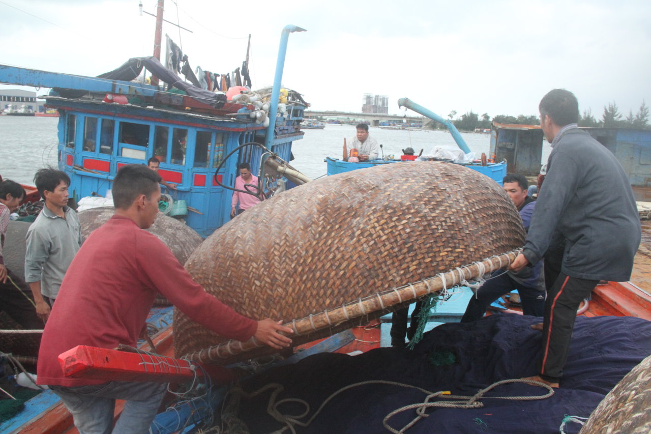 Các ngư dân trên tàu cá của ông Huỳnh Bi giúp dọn dẹp tàu cá bị nạn - Ảnh: Đoàn Cường