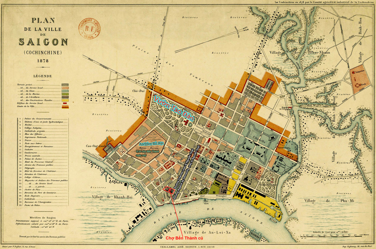 Vị trí Chợ Bến Thành cũ trong bản đồ Sài Gòn (Nam Kỳ) năm 1878 - Đồ họa: T.Thiên