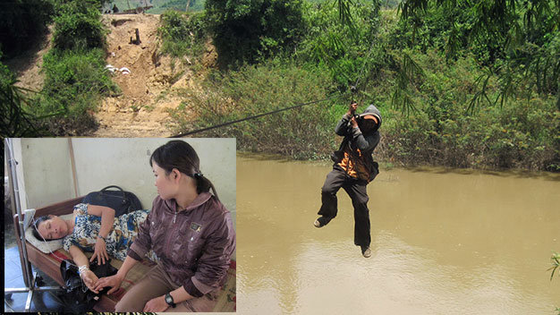 Người dân đu dây qua sông Krông Ana tại xã Hòa Lễ (Krông Bông) bằng cáp treo. Ảnh nhỏ: bà Thọ điều trị tại bệnh viện - Ảnh: Tr.T.