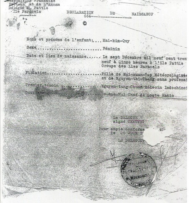 Đây là giấy chứng sinh của bà Mai Kim Quy, sinh ngày 7-12-1939 tại đảo Hoàng Sa. Cha bà Kim Quy là ông Mai Xuân Tập, nhân viên khí tượng đảo Hoàng Sa - Ảnh tư liệu