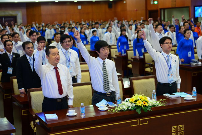 Các đại biểu tham dự Đại hội đại biểu Hội liên hiệp Thanh niên Việt Nam TP.HCM sáng 24-10 - Ảnh: Quang Định