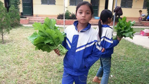 Học sinh mang rau tặng thầy cô giáo ngày lễ 20-11 - Ảnh: Đậu Minh Tuấn