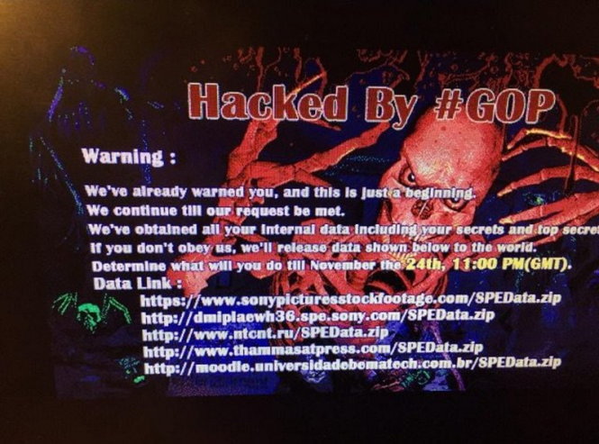 Ảnh chụp màn hình thông điệp đe dọa sau khi máy chủ của Sony Pictures bị hack – Ảnh: Internet