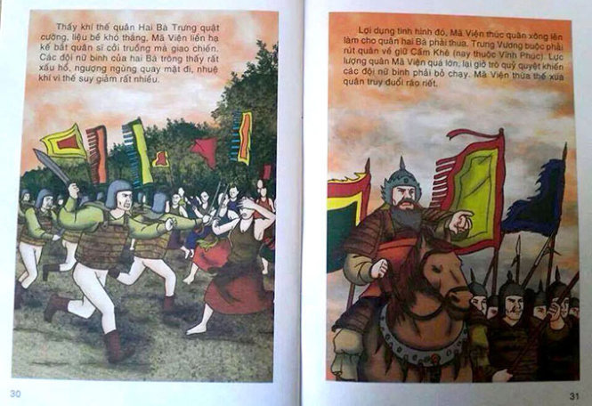 Trang sách dùng ảnh và lời nói về chi tiết Mã Viện bắt quân sĩ “cởi truồng” để chiến đấu với các nữ binh của Hai Bà Trưng. - Nguồn ảnh: Facebook.