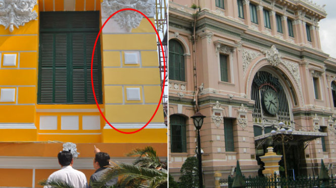 Màu sơn thử nghiệm mới (mảng tường bên tay phải) và màu sơn của tòa nhà bưu điện TP trước khi trùng tu (tháng 9-2014) - Ảnh: N.Hà