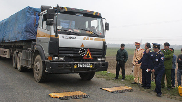 Đoàn xe 23 chiếc chở gỗ quá tải trọng bị bắt ở huyện Nghi Xuân (Hà Tĩnh) - Ảnh: Doãn Hoà