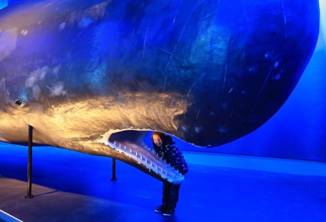 Trẻ em làm dáng bên mô hình cá voi - Ảnh: Roman Gerasymenko
