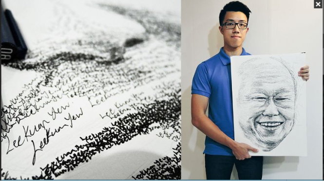 Bức tranh vẽ bằng 18.000 lượt tên ông Lý Quang Diệu được viết tay của cậu thanh niên Ong Yi Teck - Ảnh chụp lại từ màn hình
