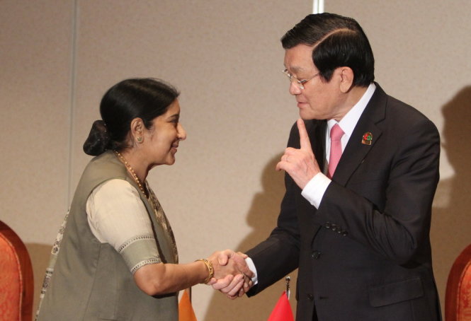 Chủ tịch nước Trương Tấn Sang tiếp Bộ trưởng Ngoại giao Ấn Độ Sushma Swaraj - Ảnh: V.V.Thành