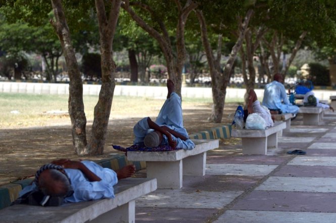 Nhiều người đàn ông nghỉ trưa trong bóng mát của cây cối giữa thời tiết nắng nóng tại Karachi Ảnh: AFP