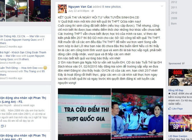 Trang Facebook cá nhân của thầy Nguyễn Văn Cải với những thông tin mời gọi học sinh tham gia Ngày hội tư vấn xét tuyển 2015 - Ảnh: Hà Bình