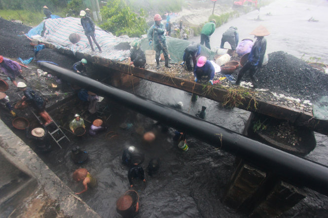 Hàng trăm người dân tại Cẩm Phả đổ xô đi vớt than trôi, bất chấp trời mưa to và dòng nước chảy xiết   Ảnh: TIẾN THẮNG