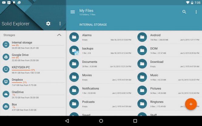 Giao diện quản lý dữ liệu lưu trữ trên tablet của Solid Explorer - Ảnh: Google Play