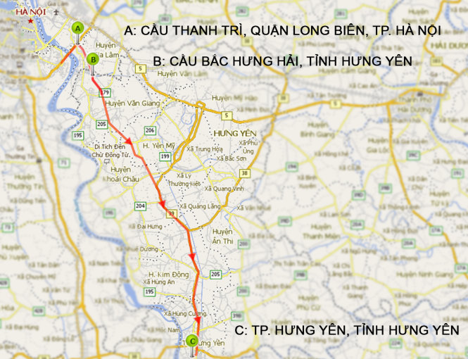 Sơ đồ minh họa tuyến đường đi Hà Nội - Hưng Yên từ cầu Thanh Trì (Hà Nội) qua cầu Bắc Hưng Hải (Hưng Yên)