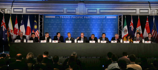 Lãnh đạo 12 nước tại buoir họp báo sau khi kết thúc đàm phán TPP tại thành phố Atlanta, Mỹ. Ảnh: AFP