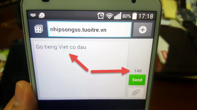 Số ký tự cho phép của một tin nhắn SMS còn 140/160 khi gõ không dấu tiếng Việt - Ảnh: T.Trực