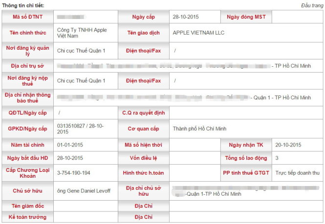 Thông tin đăng ký thuế của Công ty TNHH Apple Việt Nam tại Chi cục thuế Quận 1 - Nguồn: website Tổng cục thuế TP.HCM