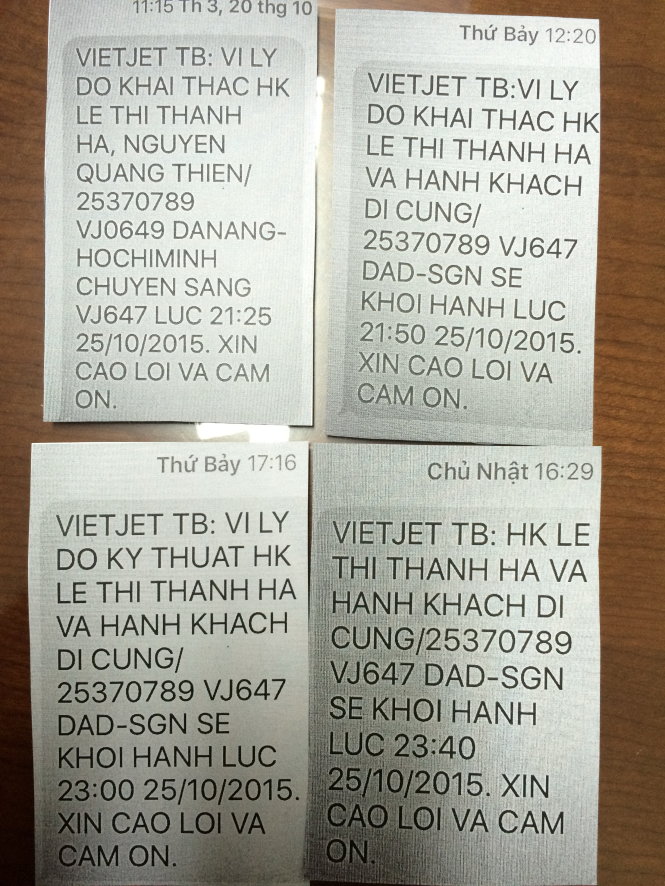 Các tin nhắn của VietJet Air gửi cho hành khách thông báo thay đổi giờ bay - Ảnh: L.TH.H.