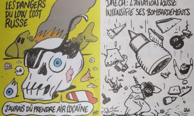 Hai bức biếm họa liên quan tới vụ tai nạn máy bay của Nga tại Ai Cập đăng trên tạp chí Charlie Hebdo ngày 4-11 - Ảnh: Cloudfront