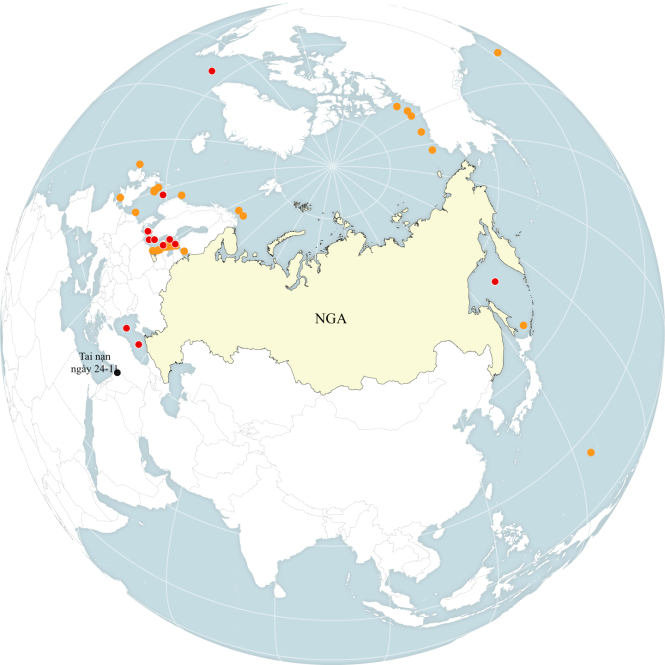 Tóm lược các vụ tai nạn hàng không của Nga từ tháng 3-2014 đến tháng 3-2015 (màu đỏ: nguy cơ cao; màu cam: nguy cơ thấp)