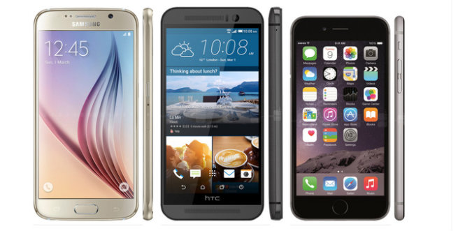 Từ trái sang: Samsung Galaxy S6, HTC One M9, Apple iPhone 6 - Ảnh minh họa: