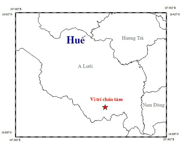 Vị trí xảy ra động đất tại huyện A Lưới ngày 14-12 (ảnh Trung tâm báo tin động đất và cảnh báo sóng thần)