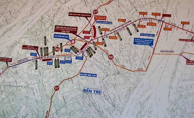 Bản đồ hướng tuyến dự án mở rộng, nâng cấp quốc lộ 60 đoạn qua địa bàn tỉnh Bến Tre.