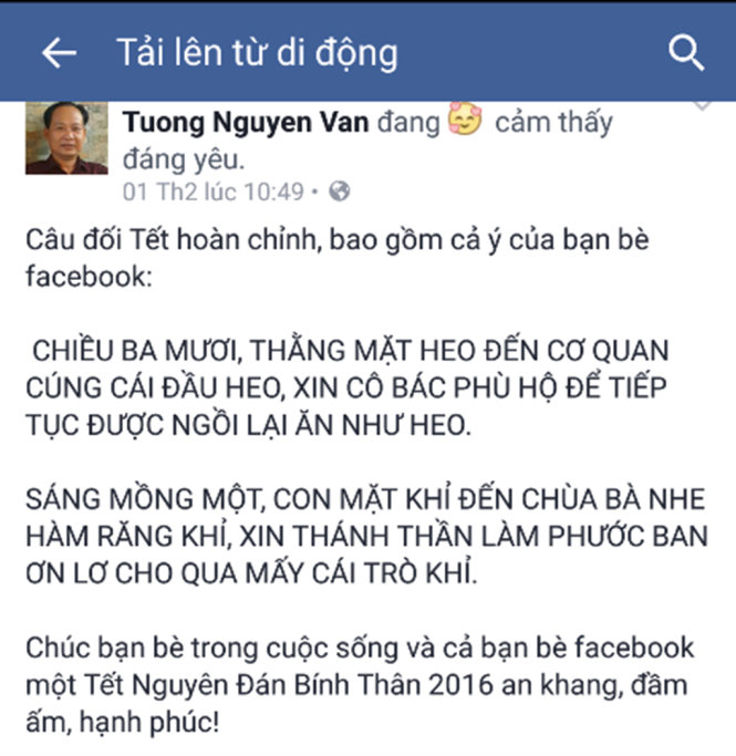 Nội dung câu đối gần đây của ông Nguyễn Văn Tường trên trag Facebook cá nhân - Ảnh: Ng.Nam