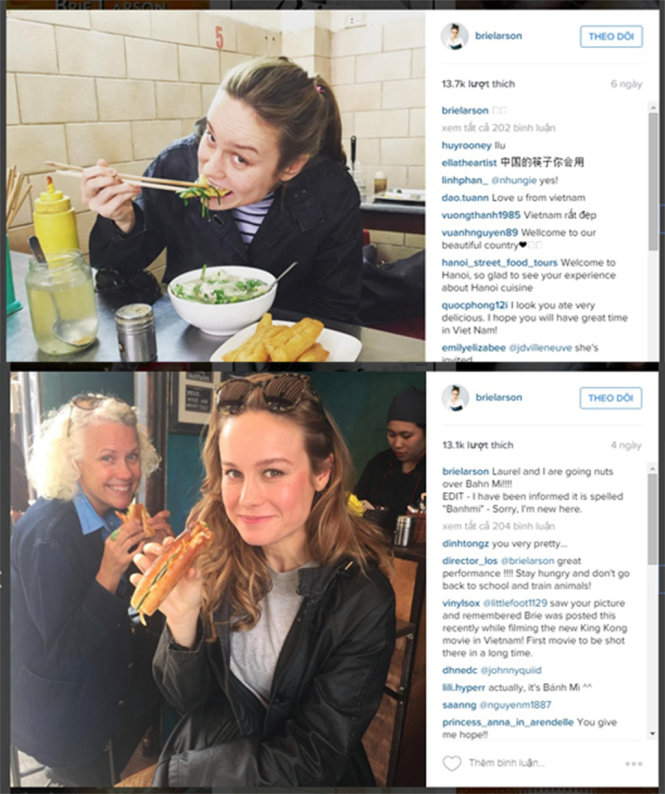 Các bức ảnh đang ăn phở và bánh mì được nữ diễn viên Brie Larson đưa lên trang mạng xã hội đã thu hút hàng chục ngàn người thích - Ảnh : Internet