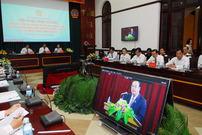 Hội nghị trực tuyến tổng kết công tác cải cách thủ tục hành chính tư pháp ngành tòa án - Ảnh: TTXVN