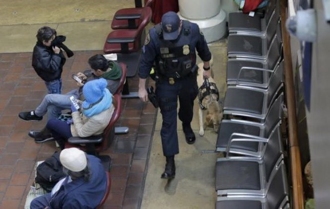 Cảnh sát sử dụng chó nghiệp vụ tìm kiếm các túi tình nghi tại ga Union, thủ đô Washington ngày 22-3 - Ảnh: Reuters