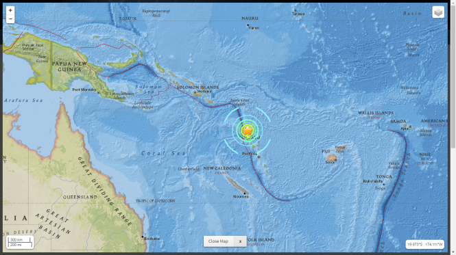 Vị trí tâm chấn trận động đất gần Vanuatu. Nguồn: Cơ quan khảo sát địa chất Mỹ (USGS)