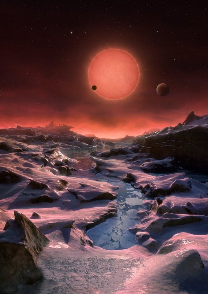 Ảnh mô phỏng bề mặt một hành tinh quay quanh ngôi sao lùn TRAPPIST-1 - Ảnh: ESO/M. Kornmesser
