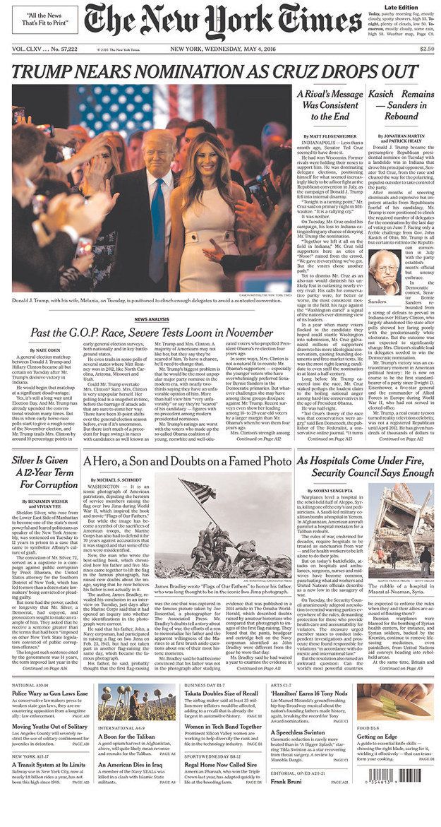 Trang nhất báo New York Times ngày 4-5 - Ảnh: BuzzFeed