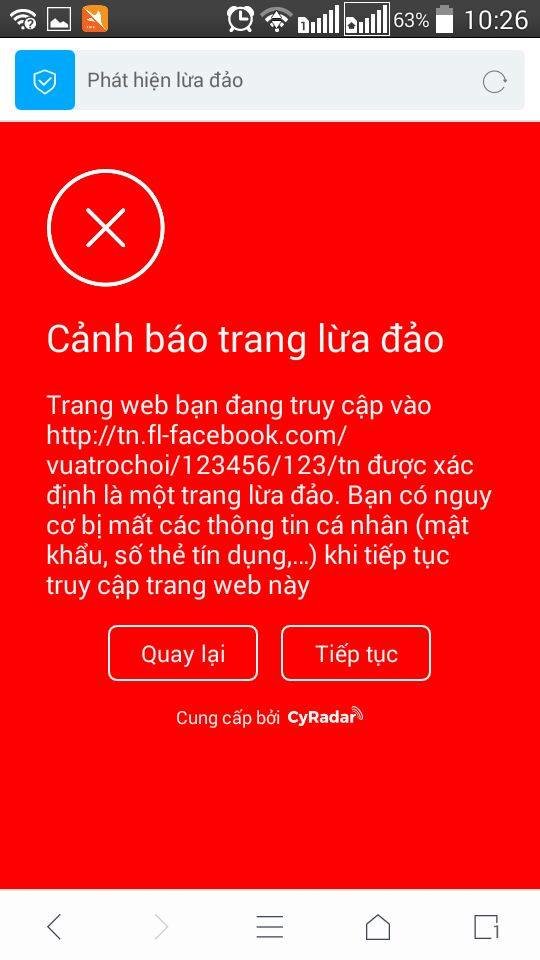 Phần cảnh báo trang lừa đảo của CyRadar tích hợp trong tiện ích trình duyệt Yolo - Nguồn: Facebook/Nguyen Minh Duc