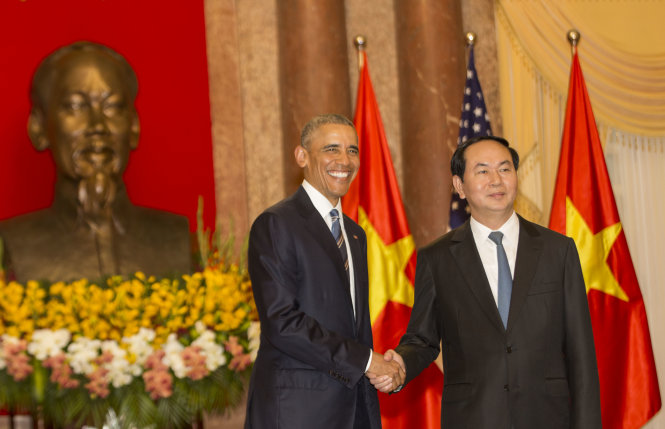 Chủ tịch nước Trần Đại Quang tiếp đón Tổng thống Obama tại phủ chủ tịch - Ảnh: VIỆT DŨNG