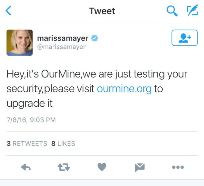 Tài khoản Twitter của sếp lớn Yahoo Marissa Mayer cũng rơi vào tay OurMine ngày 9-7 - Ảnh: Twitter/Zack Whittaker