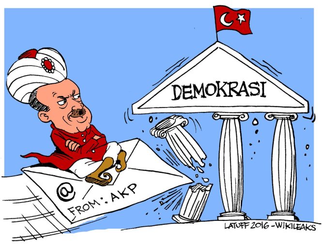 Tranh biếm họa của WikiLeaks về việc công bố dữ liệu khủng liên quan tới đảng AKP - Ảnh: Twitter WikiLeaks