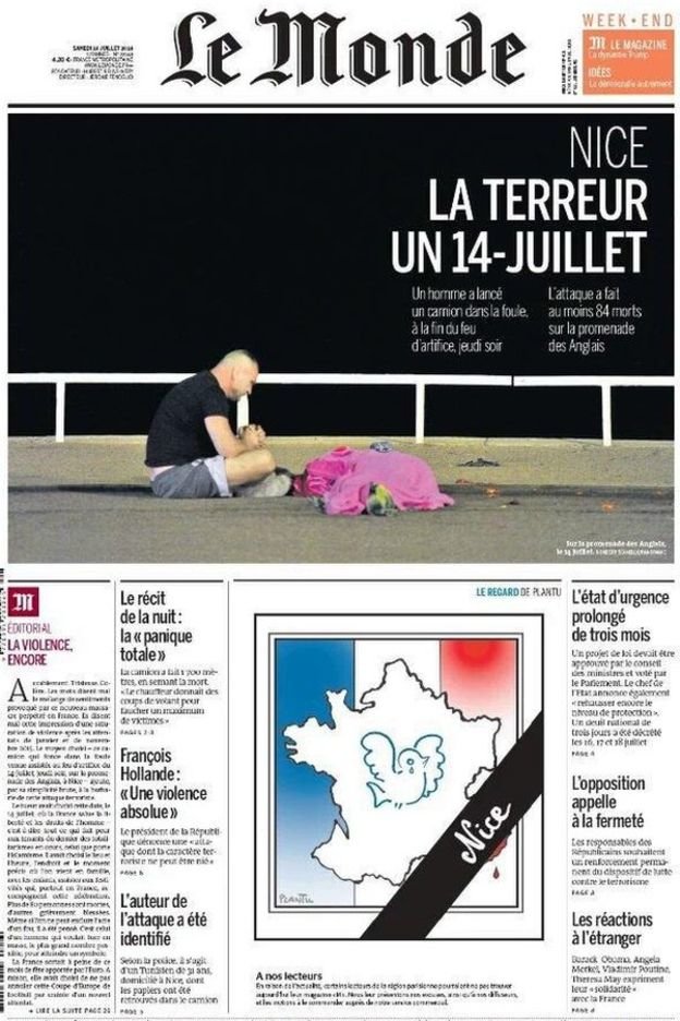 Trang nhất của nhật báo Le Monde số ra ngày sau vụ ấn công khủng bố ở Nice - Ảnh: BBC