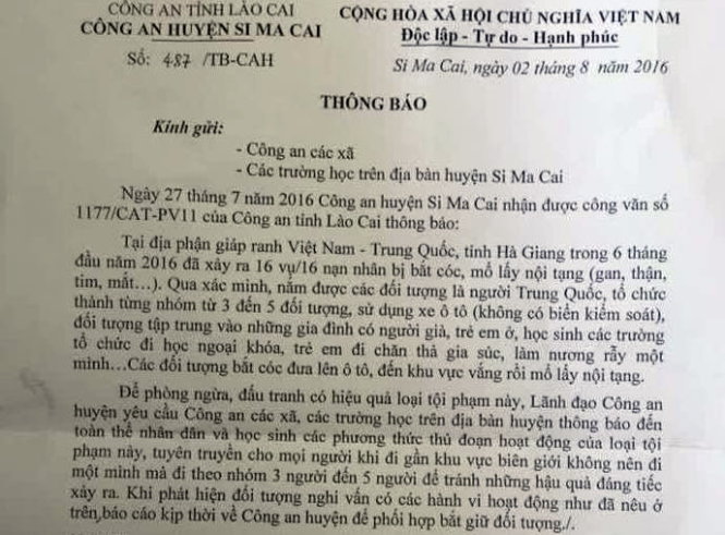 Công văn của Công an huyện Si Ma Cai (Lào Cai) gửi công an xã và các trường trên địa bàn huyện