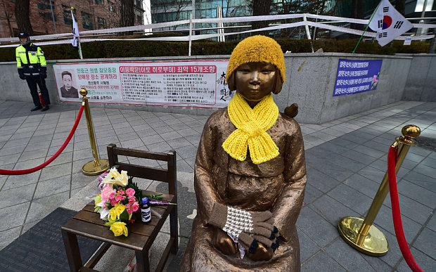 Bức tượng cô gái biểu tượng cho những người phụ nữ bị bắt làm nô lệ tình dục cho lính Nhật trong Thế chiến thứ 2 đặt trước đại sứ quán Nhật Bản tại Hàn Quốc ở thủ đô Seoul - Ảnh: AFP