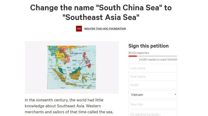 Đề xuất đổi tên quốc tế của Biển Đông thành biển Đông Nam Á trên trang Change.org - Ảnh chụp màn hình