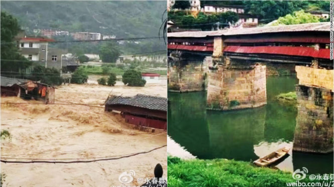Cây cầu 800 năm tuổi ở Phúc Kiến bị cuốn trôi vì siêu bão Meranti - Ảnh: Mạng xã hội Weibo