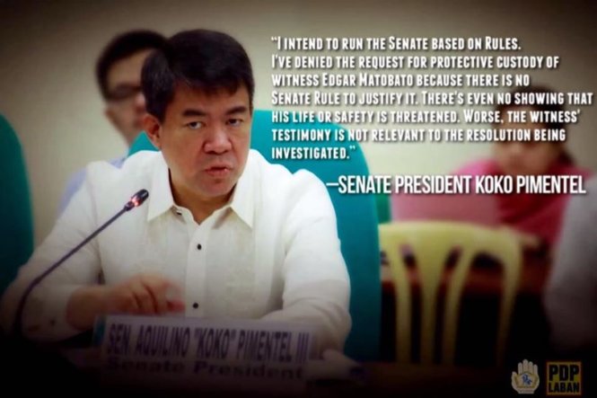 Chủ tịch Thượng viện Philippines, ông Koko Pimentel, bác bỏ cơ chế bảo vệ nhân chứng với ông Edgar Matobato sau khi ông khai báo và tố cáo mọi tội trạng của tổng thống Philippines cùng 