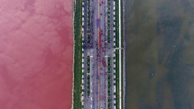 Hồ nước đổi màu hồng ở Trung Quốc - Ảnh: China Daily