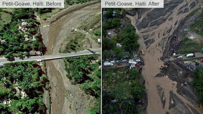 Cây cầu huyết mạch ở tây nam Haiti bị bão đánh sập - Ảnh: REUTERS