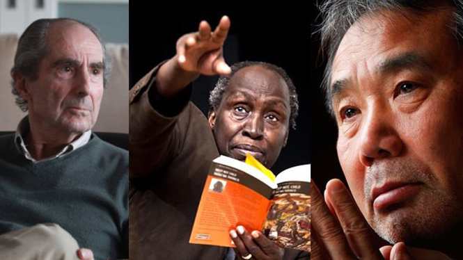 Từ trái qua: nhà văn Philip Roth, nhà văn Ngũgĩ wa Thiong’o và nhà văn Haruki Murakami - Ảnh: The Guardian - New York Times - Kalamu