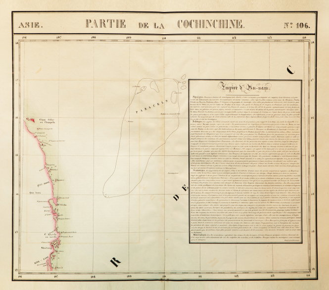 Bản đồ Partie de la Cochinchine trong bộ Atlas Universel do nhà địa lý học người Bỉ Philippe Vandermaelen biên soạn và xuất bản tại Bruxelles (Bỉ) năm 1827. Trên bản đồ này có vẽ quần đảo Paracel thuộc về vương quốc Cochinchine (theo tiếng Pháp) của đế chế Annam