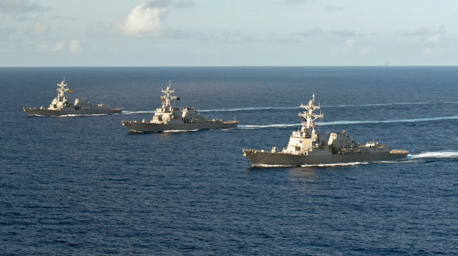 Biên đội 3 tàu thuộc nhóm tác chiến tàu mặt nước đã được Hạm đội 3 Mỹ triển khai tới Biển Đông hồi tháng 4. Ảnh: Hạm đội Thái Bình Dương Mỹ