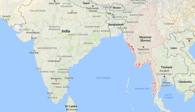 Vị trí Myanmar trên bản đồ. Nước này có một đường bờ biển dài nhìn ra Ấn Độ Dương - Ảnh: Google Maps